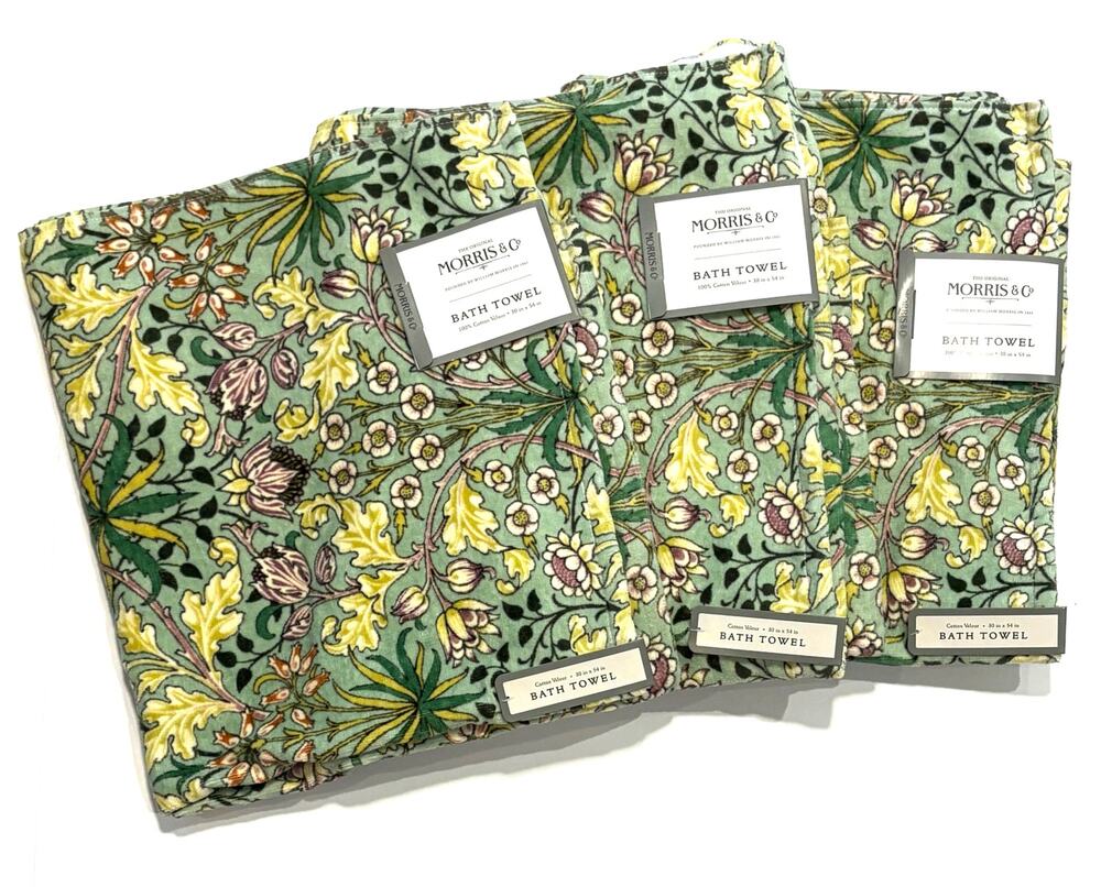 William Morris & Co Bath Towel Set 3 Pcs Hyacinth Green Yellow Purple NWT 30x54”